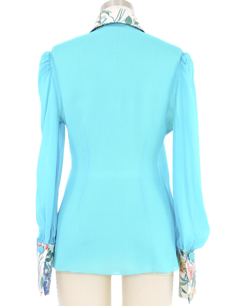 Edeltrud Hofmann Teal Chiffon Floral Satin Bib Blouse Top arcadeshops.com