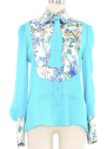 Edeltrud Hofmann Teal Chiffon Floral Satin Bib Blouse Top arcadeshops.com