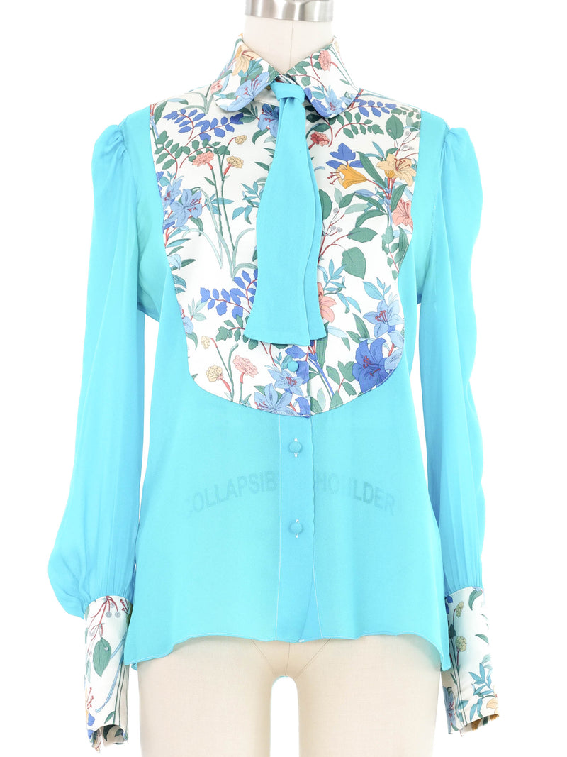 Edeltrud Hofmann Teal Chiffon Floral Satin Bib Blouse Top arcadeshops.com