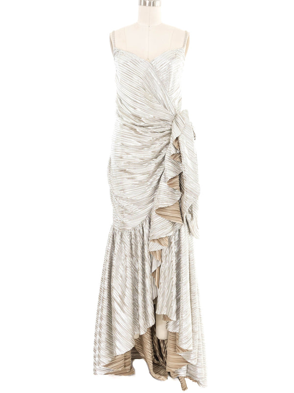 2019 Rodarte Pleated Silver Ruffle Gown Dress arcadeshops.com