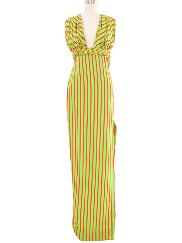 Galanos Neon Green Striped Crossback Gown