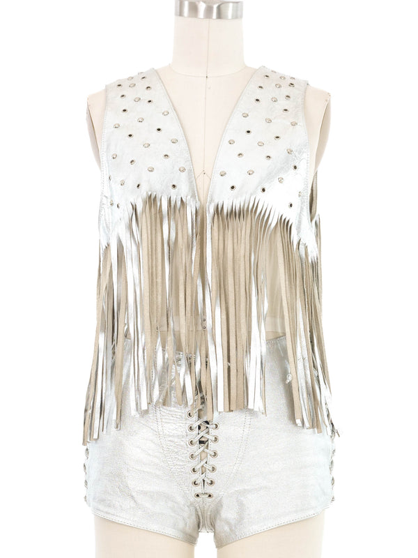 Fringed Silver Leather Vest And Hot Pant Ensemble Suit arcadeshops.com