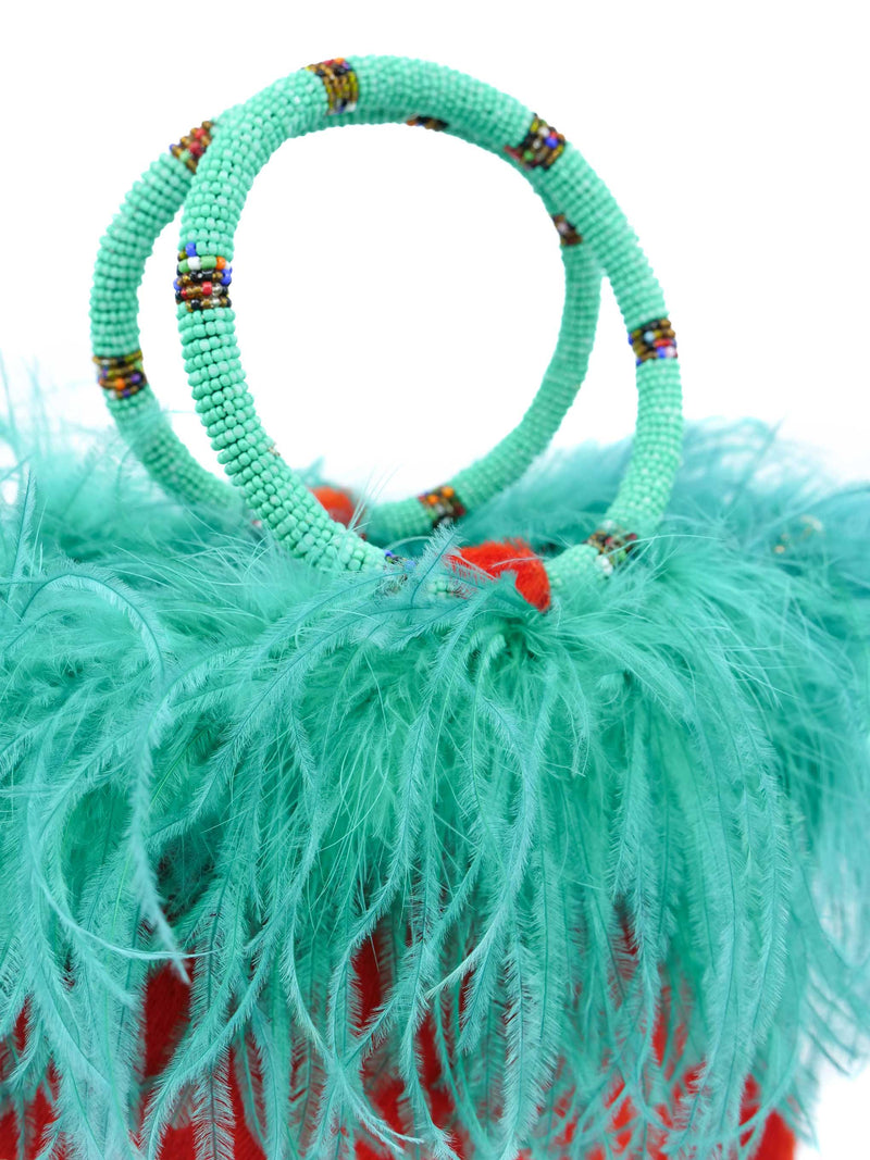 Ingrid Bruha Orange Pony Hair Feather Trimmed Bag
