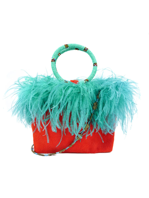 Ingrid Bruha Orange Pony Hair Feather Trimmed Bag