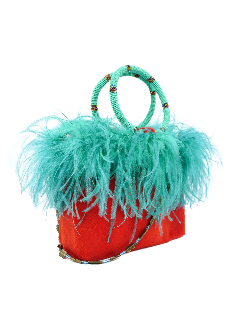 Ingrid Bruha Orange Pony Hair Feather Trimmed Bag