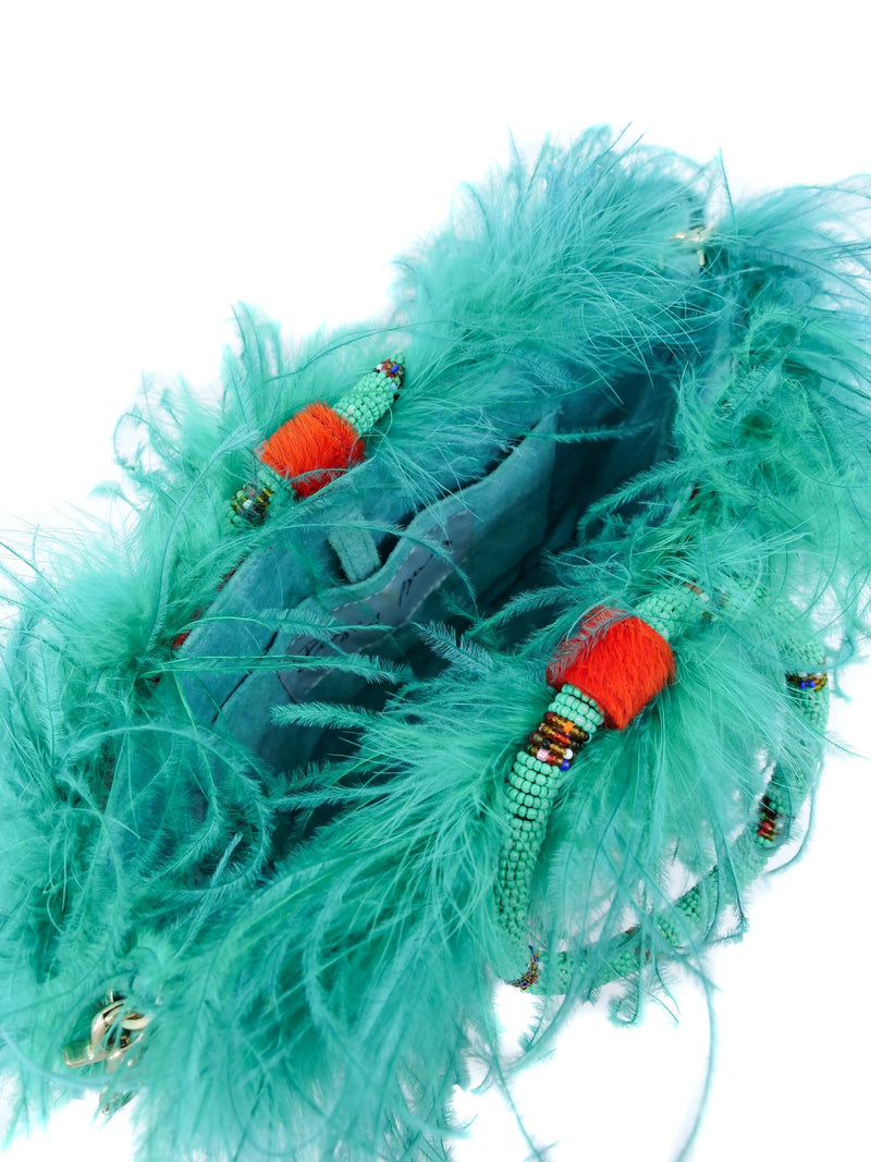 Ingrid Bruha Orange Pony Hair Feather Trimmed Bag