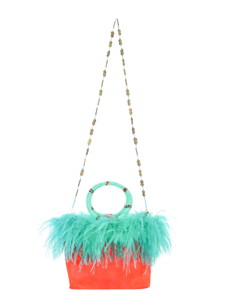 Ingrid Bruha Orange Pony Hair Feather Trimmed Bag