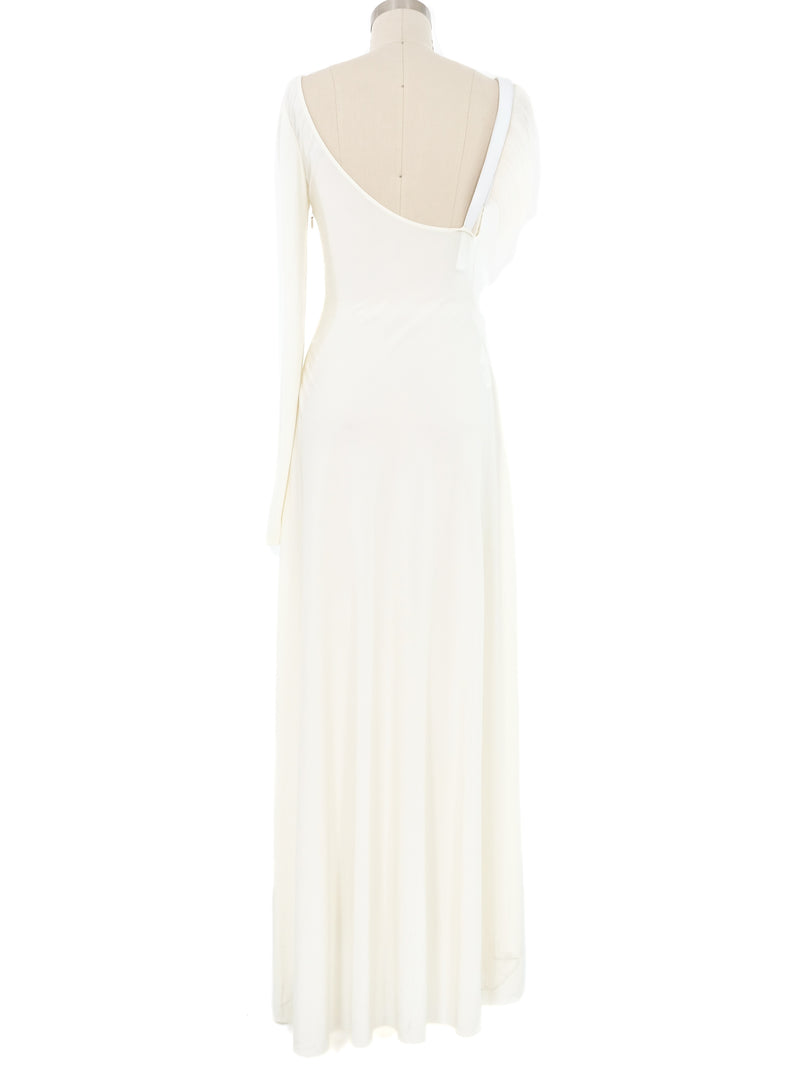 Loewe Fur Trimmed Asymmetrical White Jersey Gown Dress arcadeshops.com