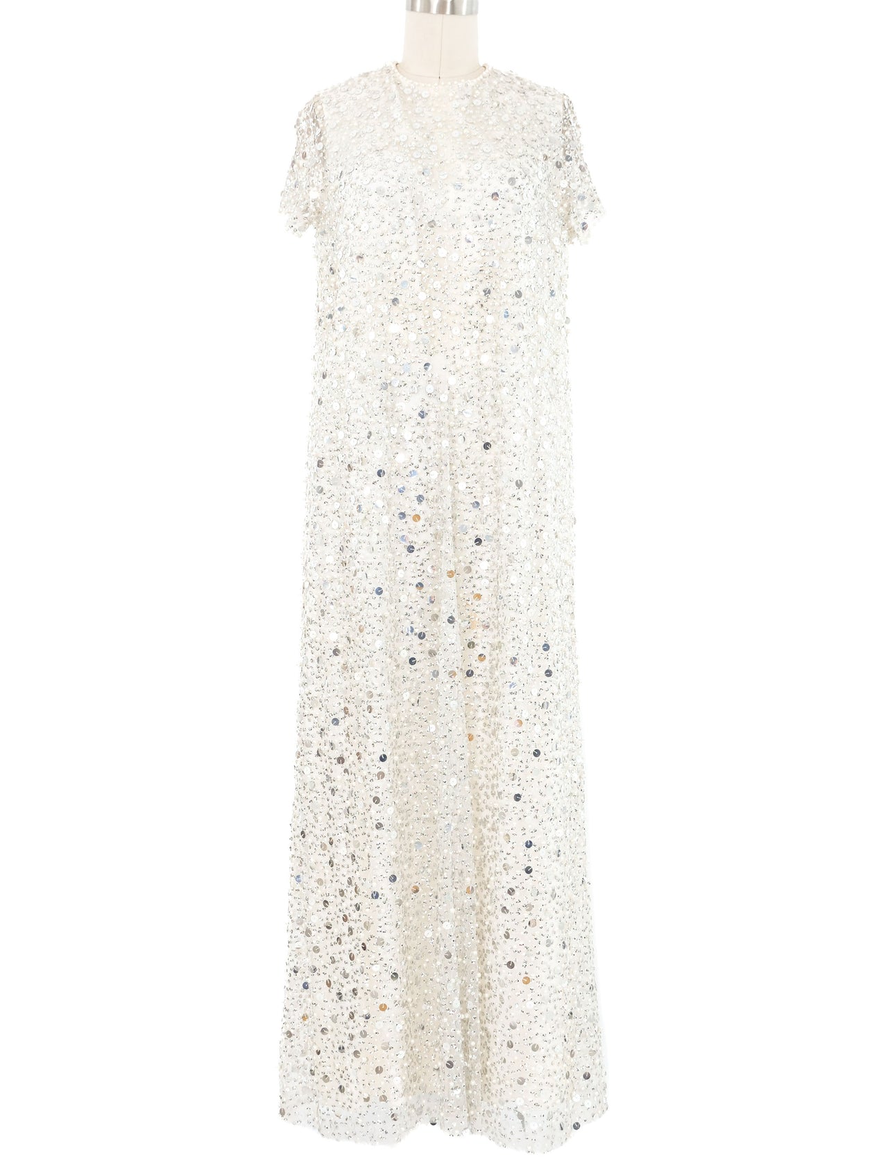 White Bead And Sequin Embellished Cap Sleeve Maxi Dress