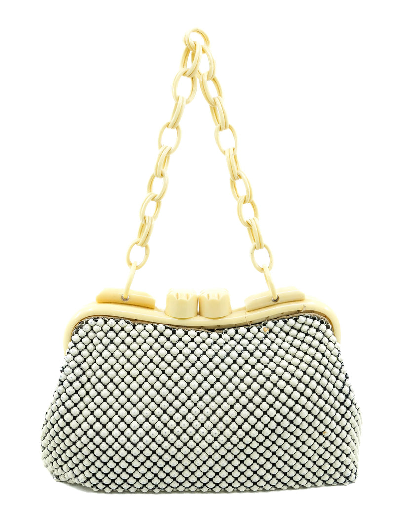 1940s Whiting and Davis White Metal Mesh Celluloid Frame Handbag Accessory arcadeshops.com