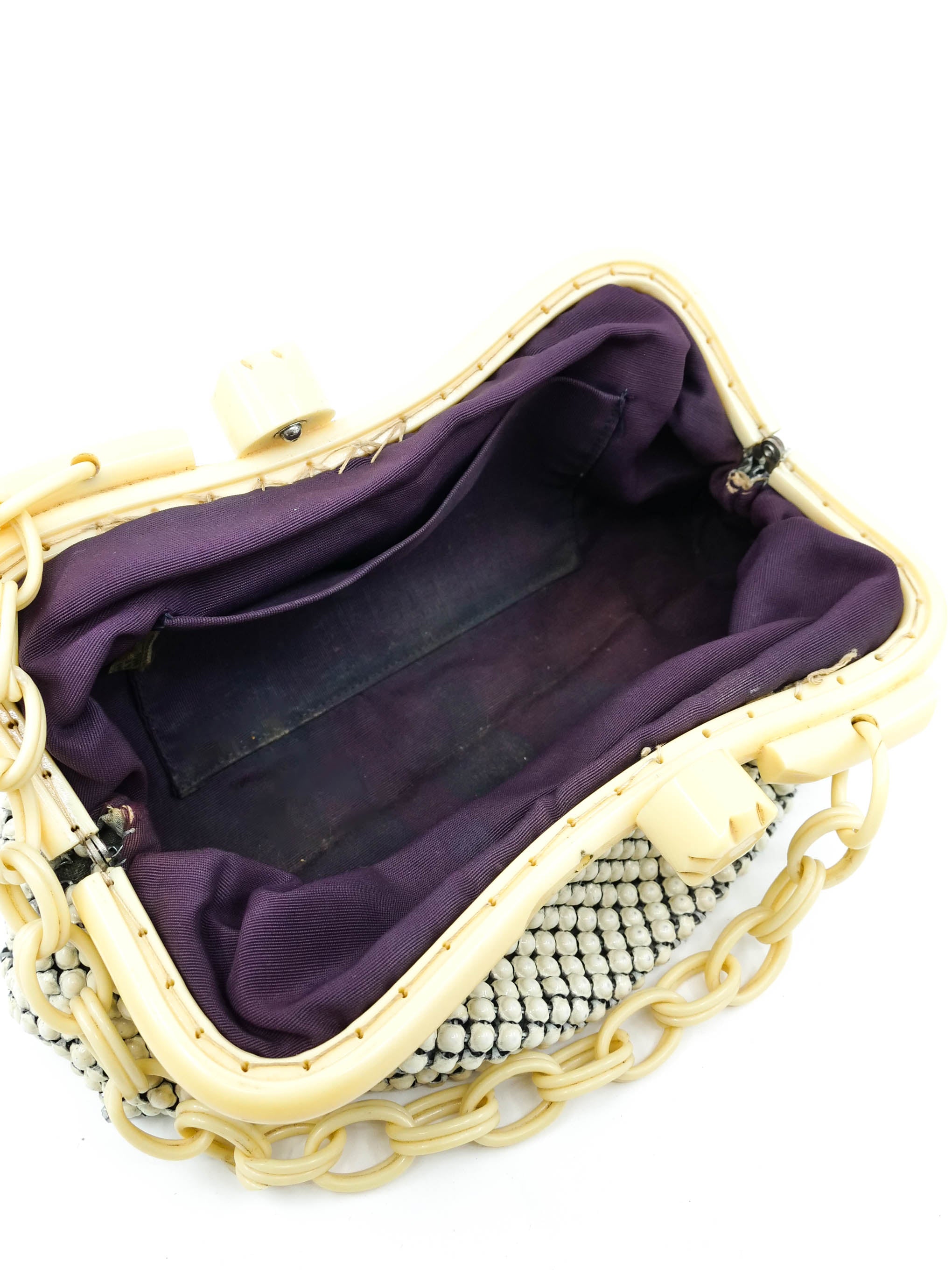 1940s Whiting and Davis White Metal Mesh Celluloid Frame Handbag