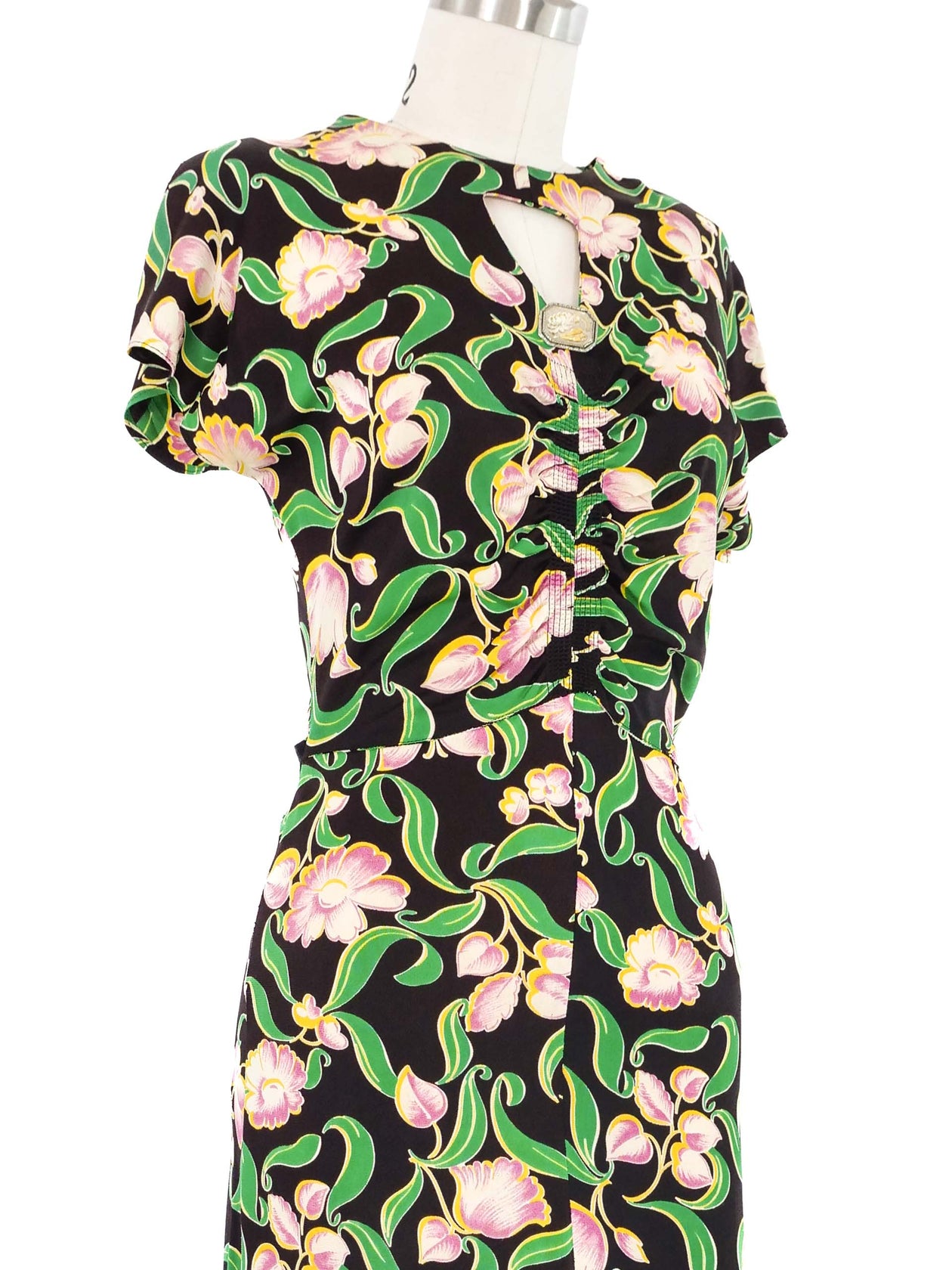 1940s Floral Jersey Keyhole Dress