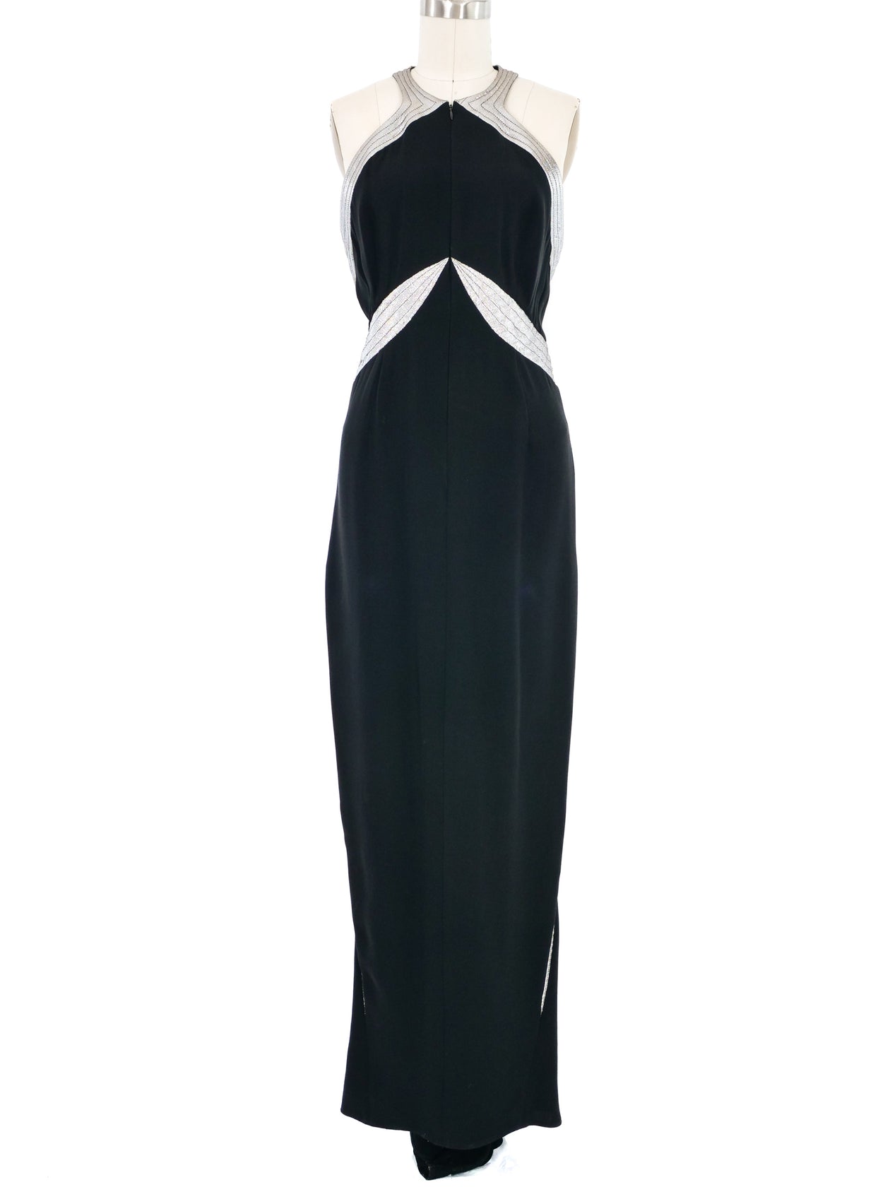 1970s Geoffrey Beene Metallic Trim Racerback Gown 1970s Geoffrey Beene Metallic Trim Racerback Gown