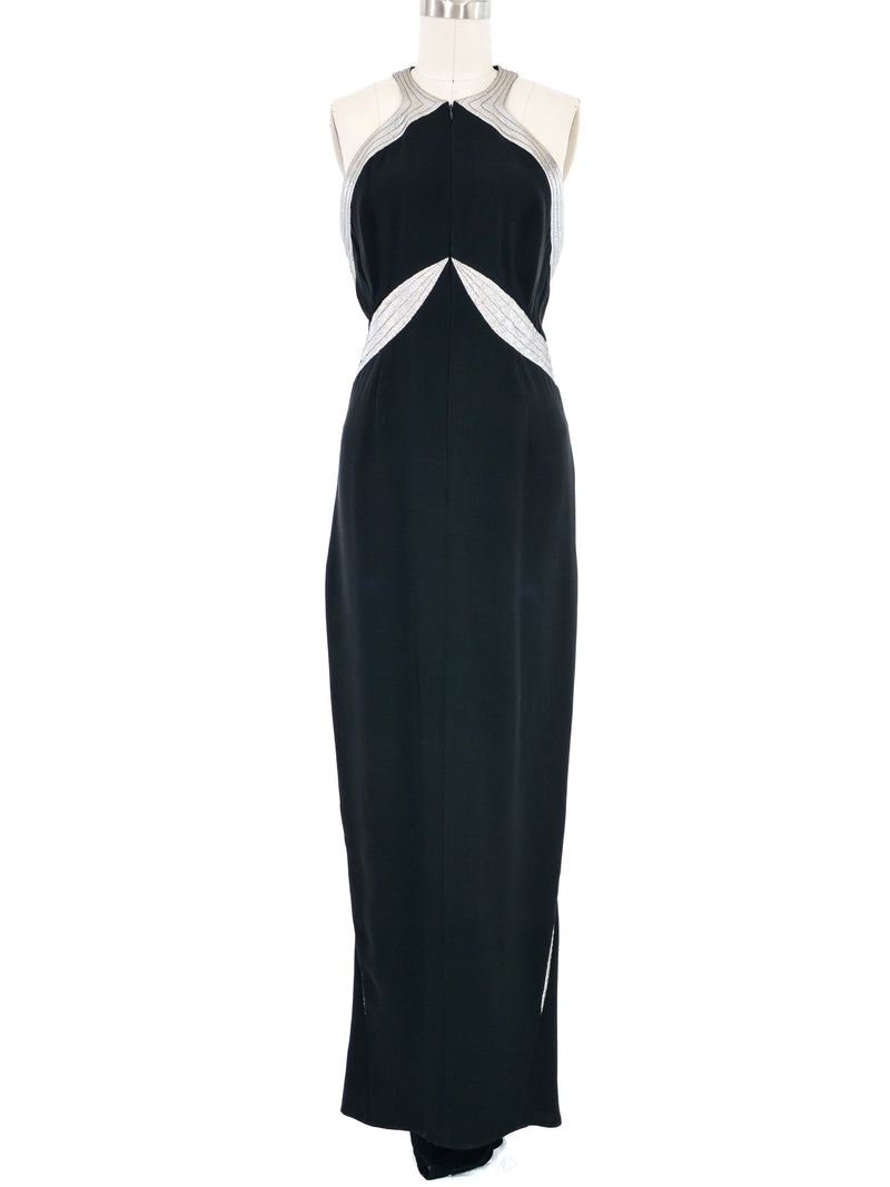 1970s Geoffrey Beene Metallic Trim Racerback Gown Dress arcadeshops.com