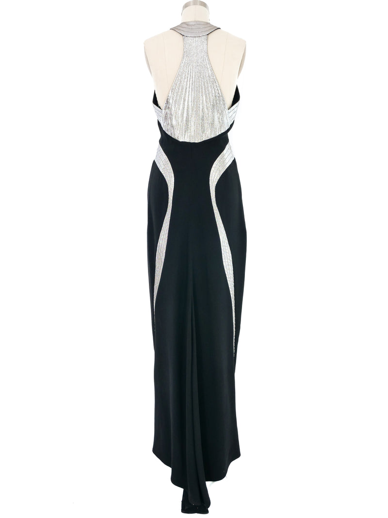 1970s Geoffrey Beene Metallic Trim Racerback Gown Dress arcadeshops.com