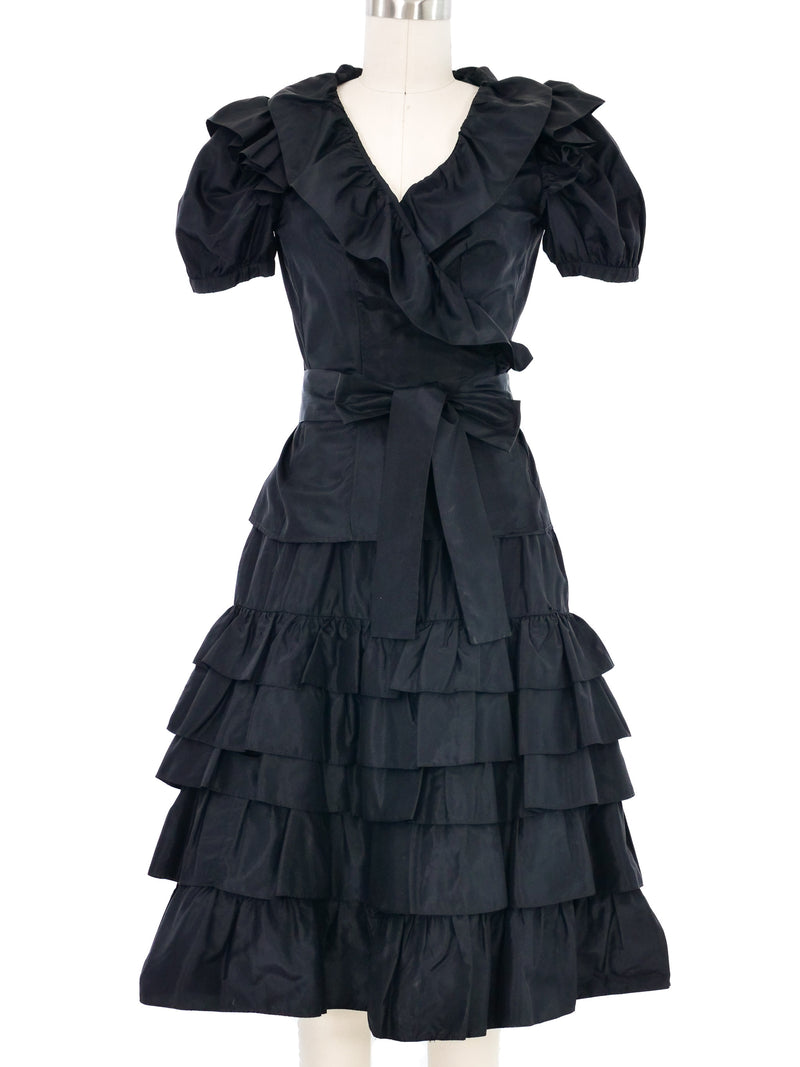 1970s Yves Saint Laurent Black Ruffle Taffeta Skirt Ensemble Suit arcadeshops.com