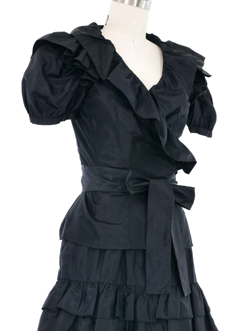 1970s Yves Saint Laurent Black Ruffle Taffeta Skirt Ensemble Suit arcadeshops.com