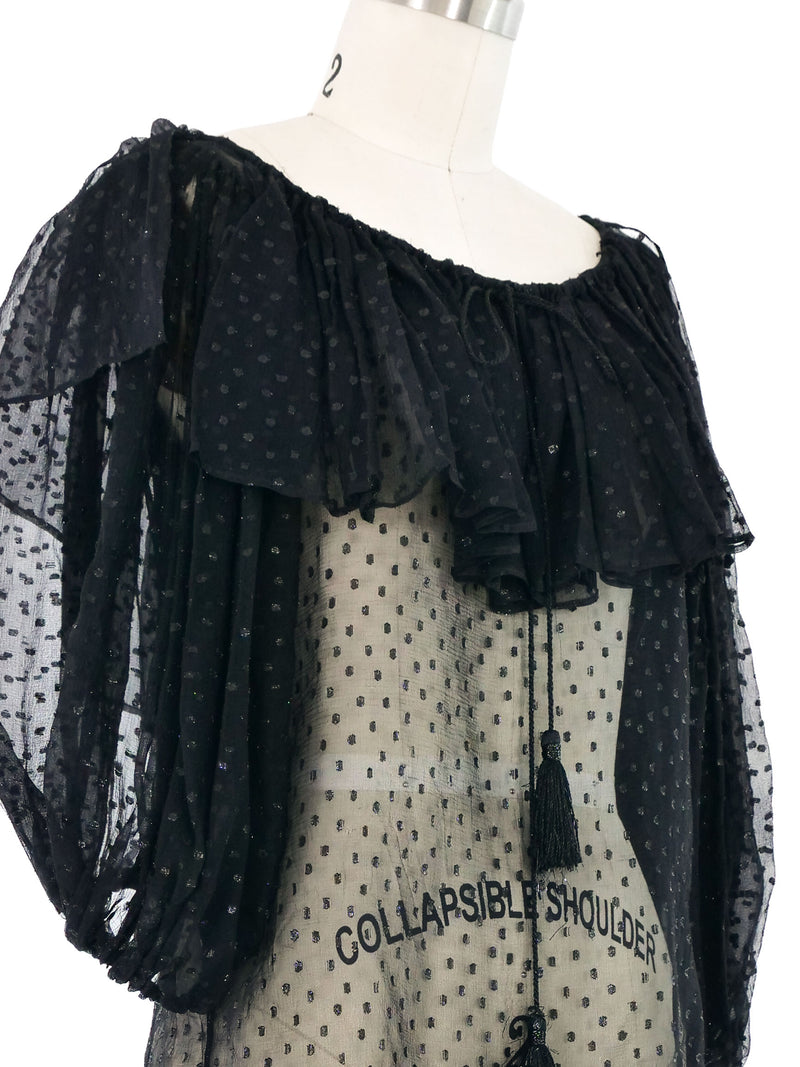 1970s Yves Saint Laurent Polka Dot Chiffon Peasant Top Top arcadeshops.com