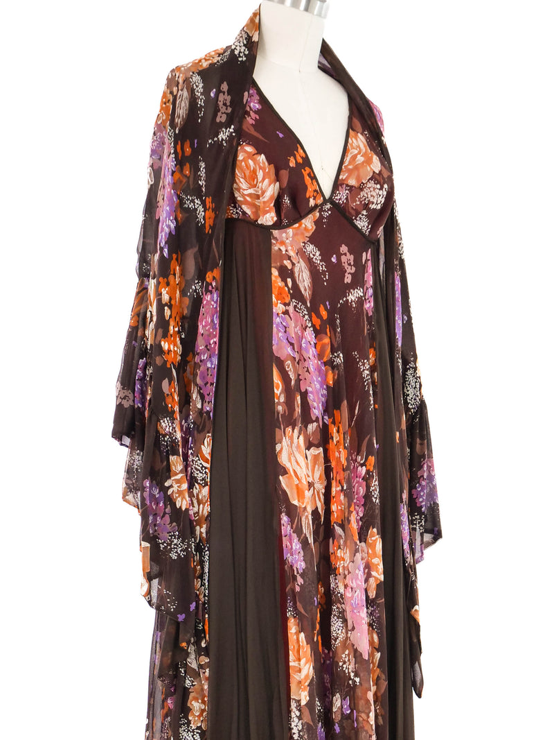 1970s Autumnal Floral Chiffon Halter Dress and Shrug Ensemble Dress arcadeshops.com