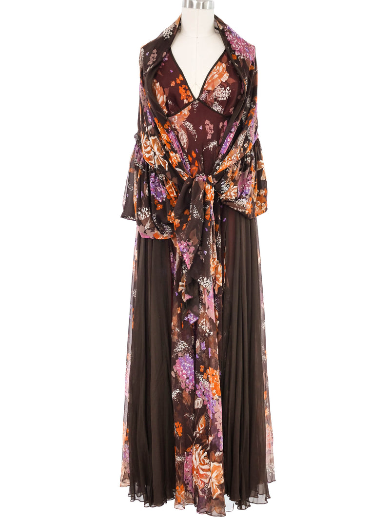1970s Autumnal Floral Chiffon Halter Dress and Shrug Ensemble Dress arcadeshops.com