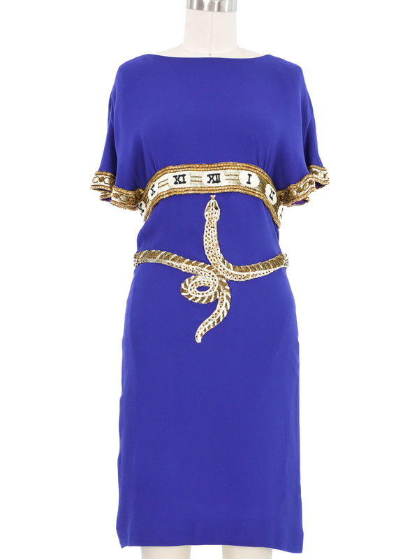1990s Karl Lagerfeld Embellished Snake Applique Blue Silk Dress Dress arcadeshops.com