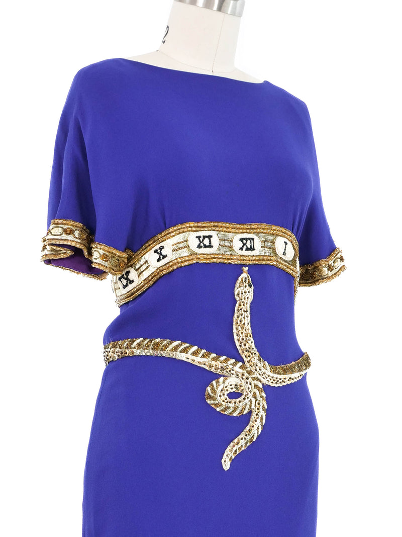 1990s Karl Lagerfeld Embellished Snake Applique Blue Silk Dress Dress arcadeshops.com