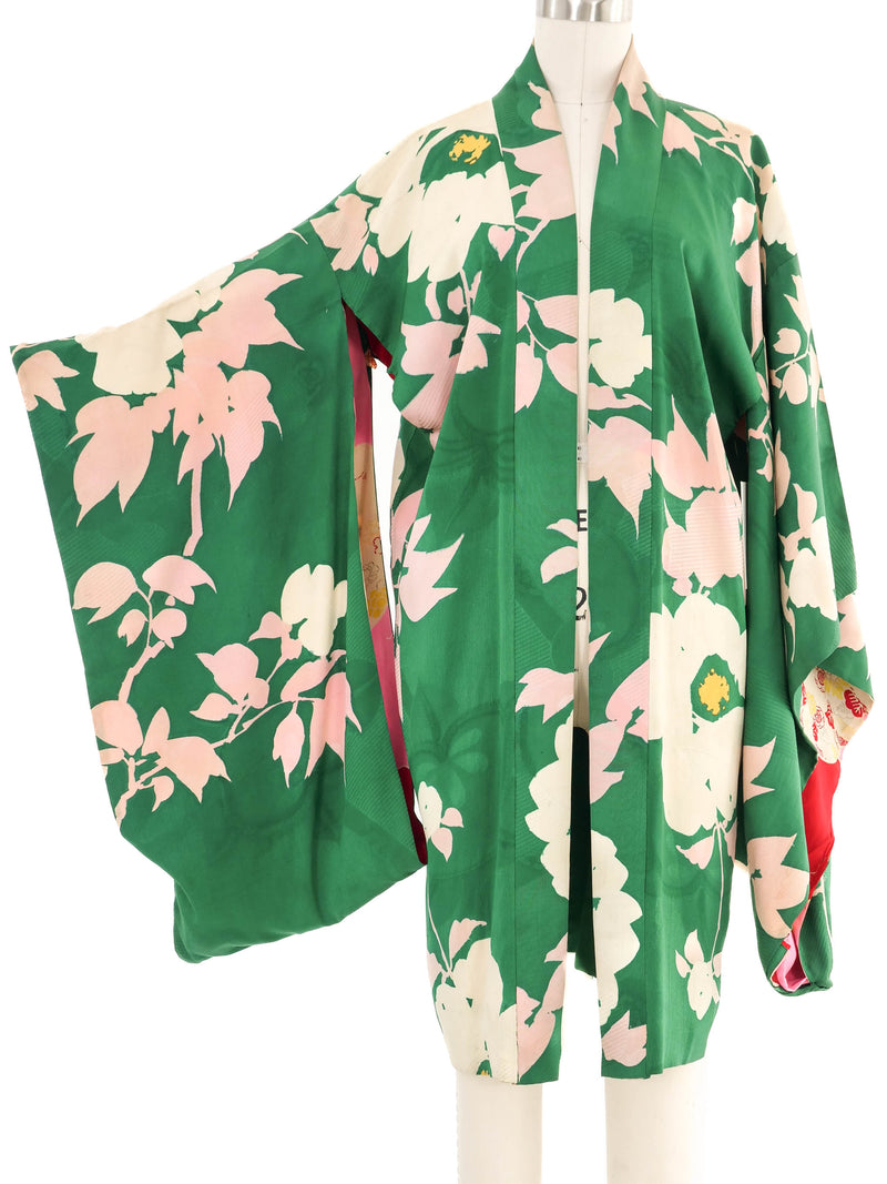 Pink and Green Floral Print Short Kimono Jacket arcadeshops.com