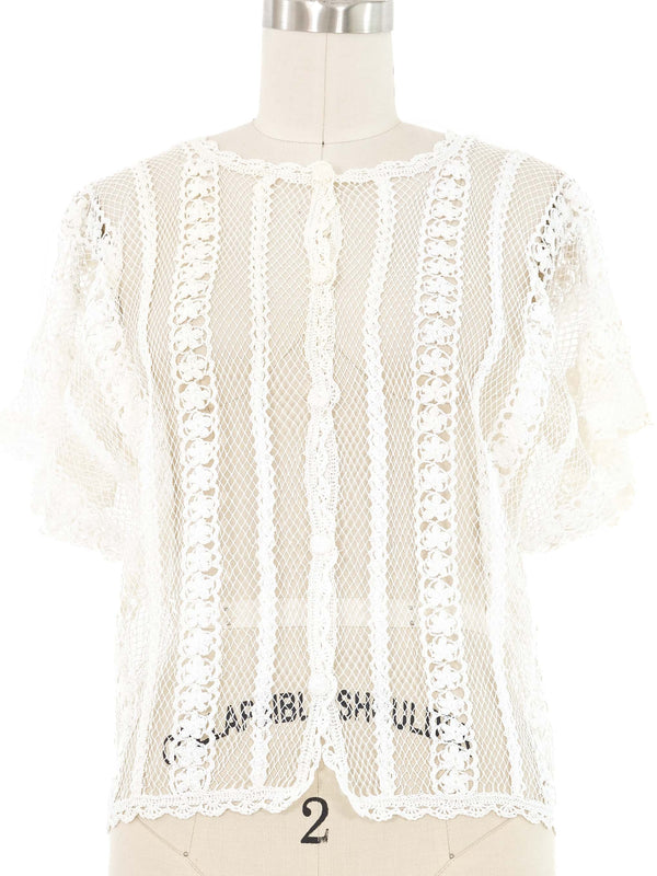 White Crochet Button Front Top
