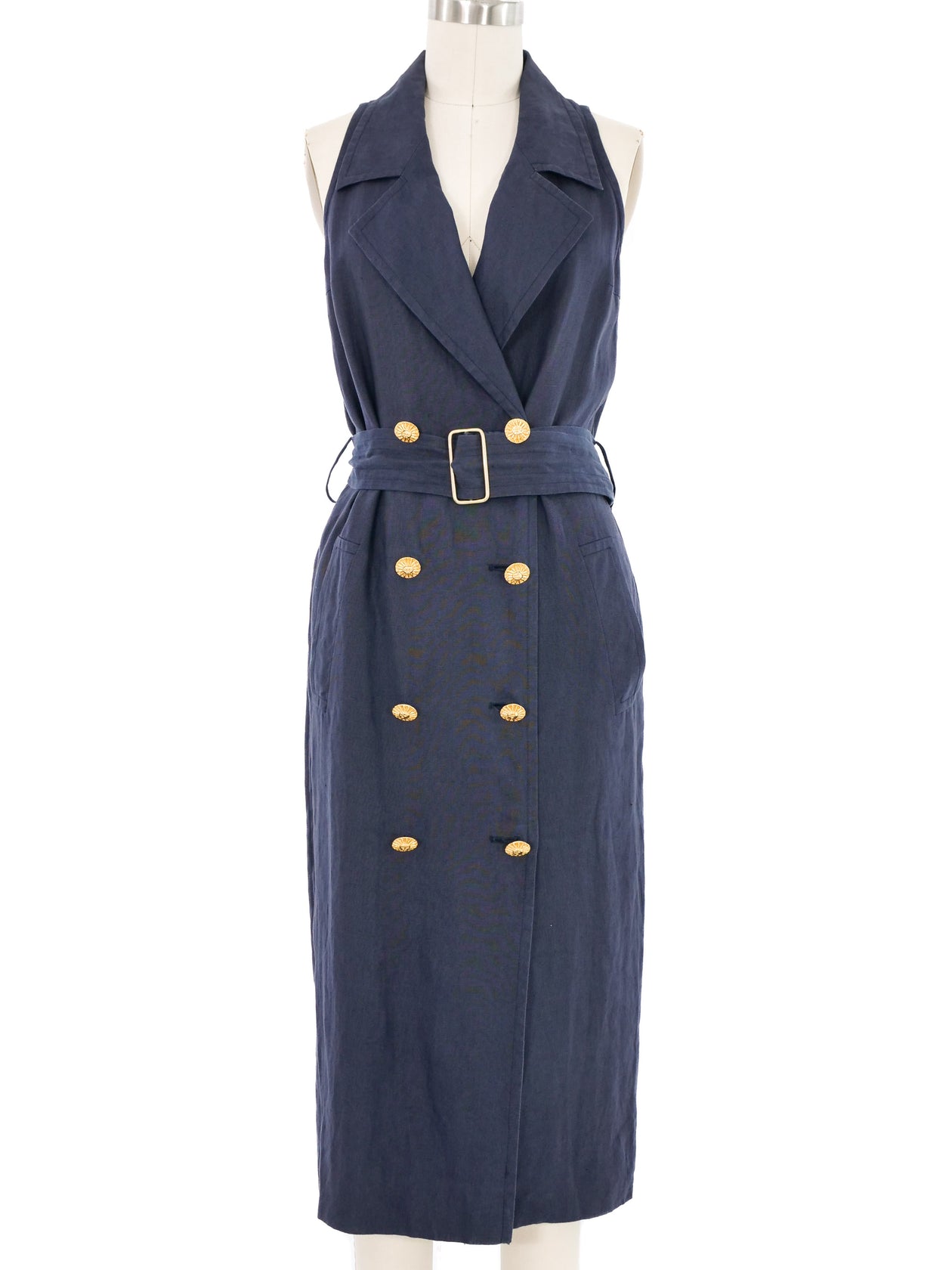 Gucci Navy Linen Double Breasted Sleeveless Dress