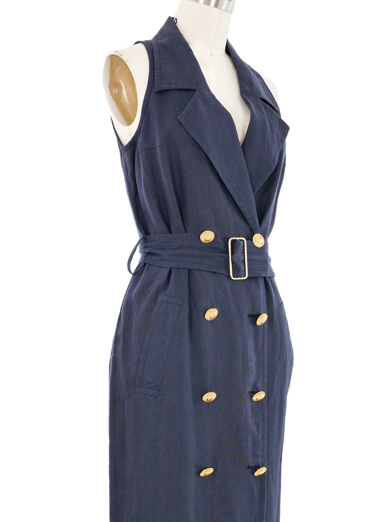 Gucci Navy Linen Double Breasted Sleeveless Dress