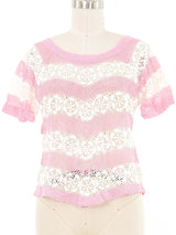 Pink and White Striped Floral Crochet Top