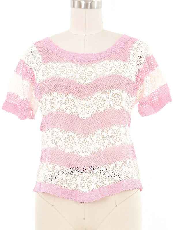 Pink and White Striped Floral Crochet Top