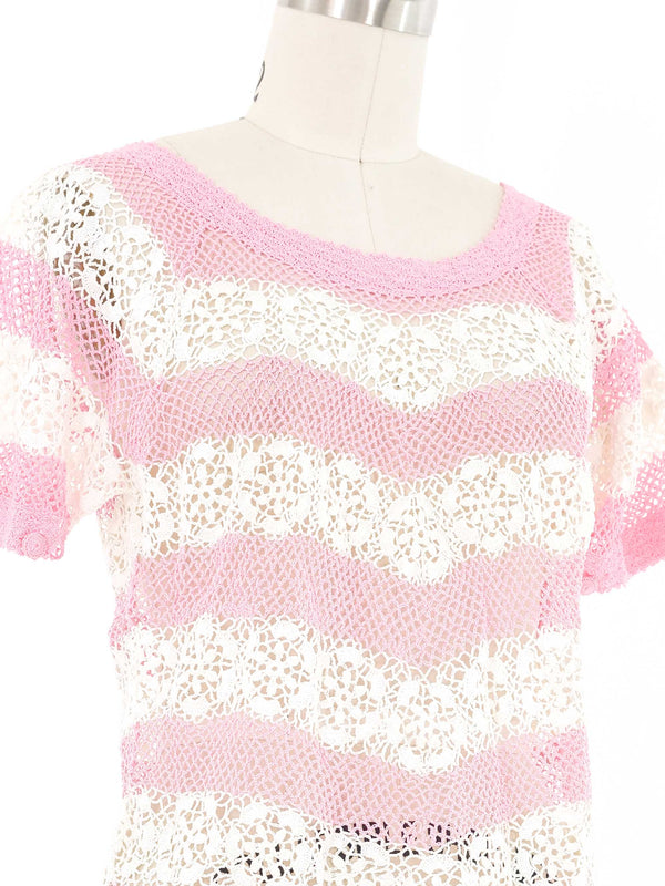 Pink and White Striped Floral Crochet Top