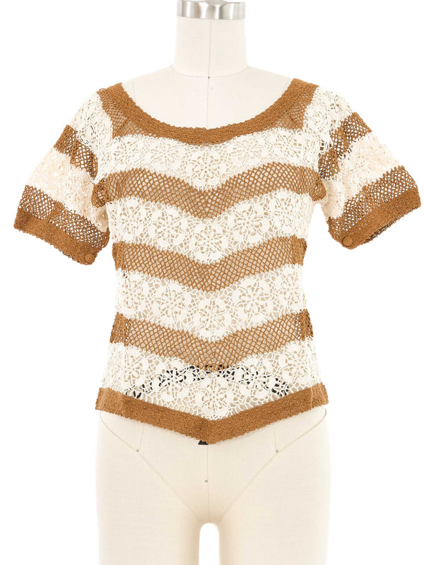 Brown and White Striped Floral Crochet Top