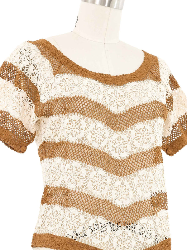 Brown and White Striped Floral Crochet Top
