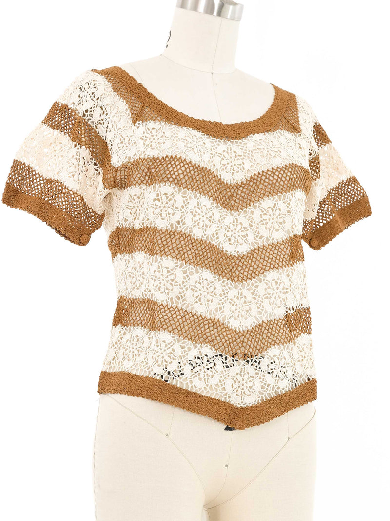 Brown and White Striped Floral Crochet Top