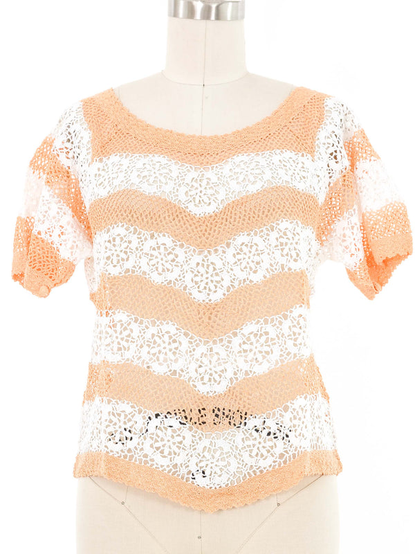 Orange and White Striped Floral Crochet Top