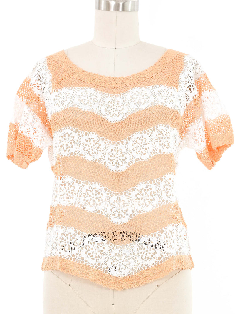 Orange and White Striped Floral Crochet Top