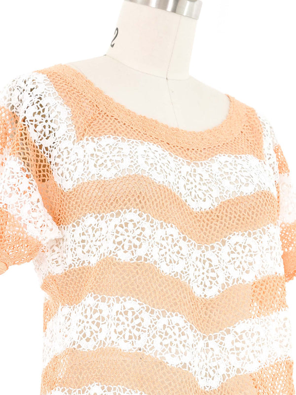 Orange and White Striped Floral Crochet Top