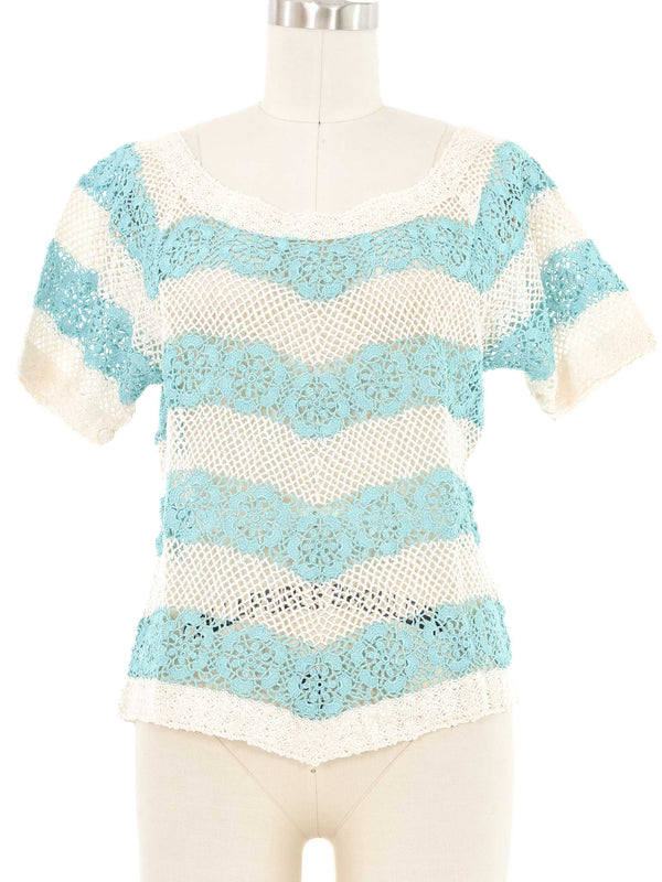 Teal and White Striped Floral Crochet Top