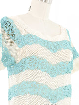 Teal and White Striped Floral Crochet Top