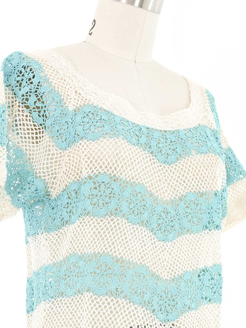Teal and White Striped Floral Crochet Top