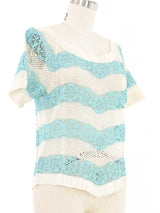 Teal and White Striped Floral Crochet Top