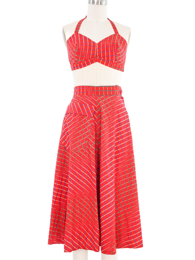 Windowpane Printed Red Skirt and Bralette Ensemble Suit arcadeshops.com