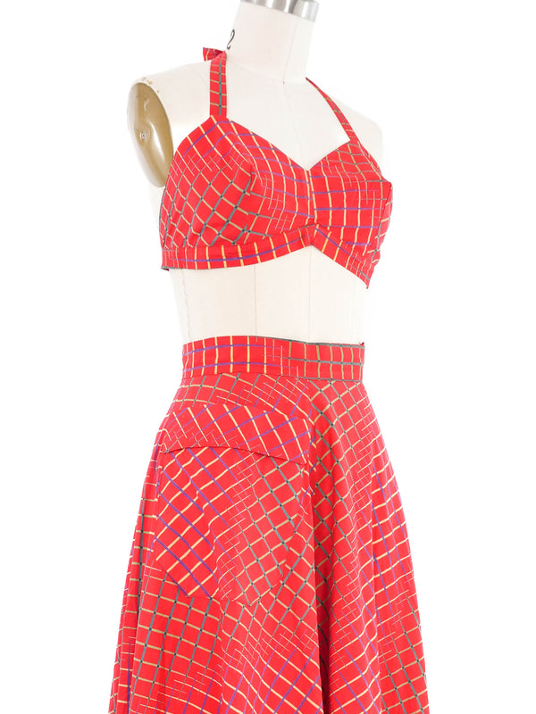 Windowpane Printed Red Skirt and Bralette Ensemble Suit arcadeshops.com