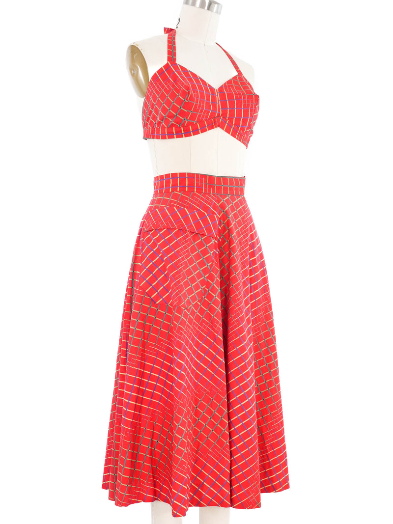 Windowpane Printed Red Skirt and Bralette Ensemble Suit arcadeshops.com