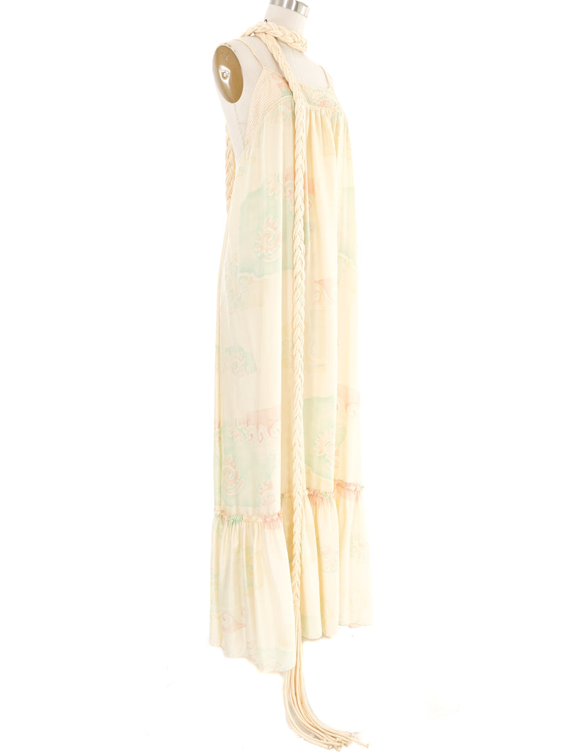 Mary McFadden Watercolor Printed Satin Ruffle Hem Dress Dress arcadeshops.com