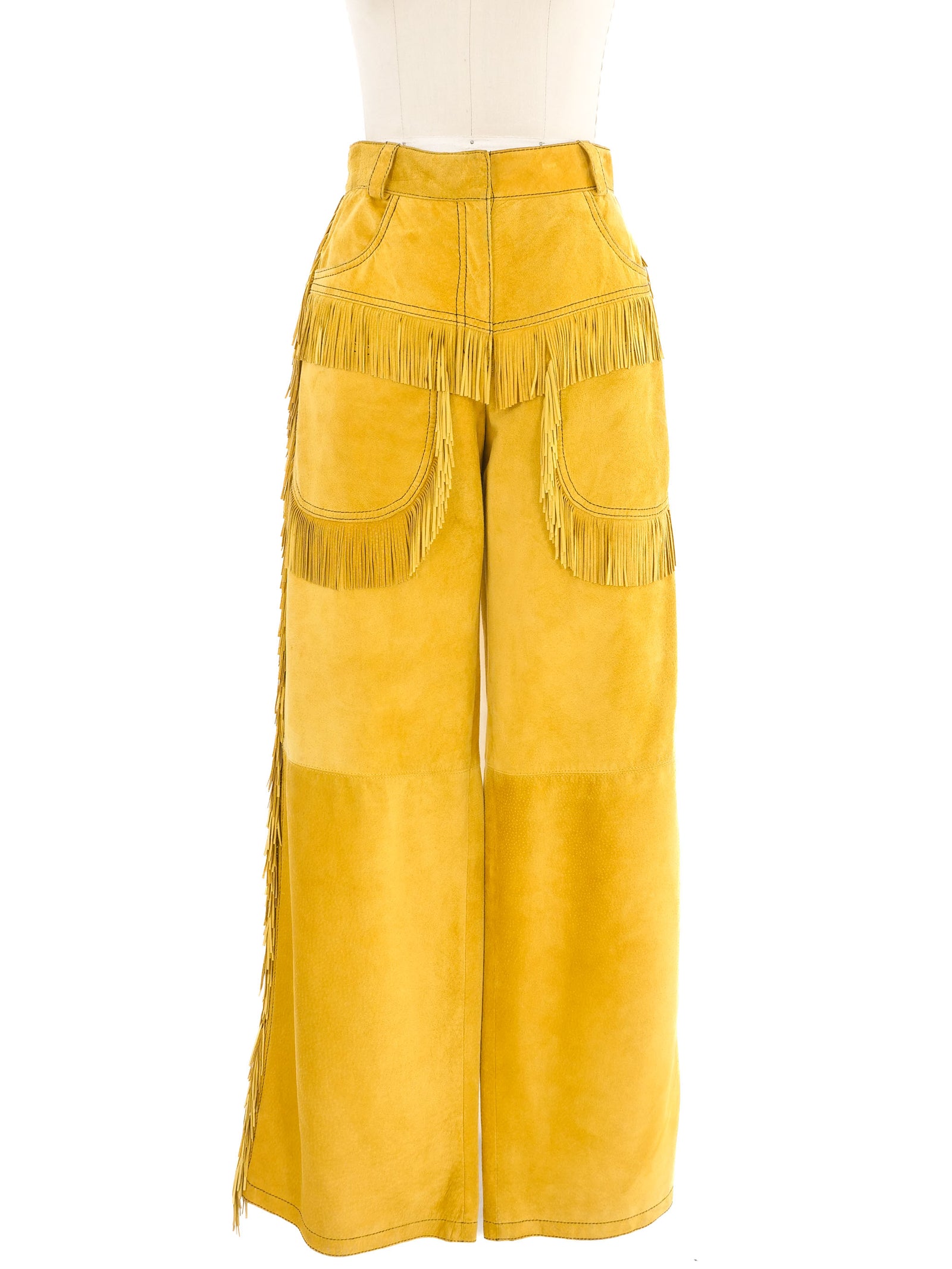 Gianni Versace Yellow Fringe Trimmed Suede Pants