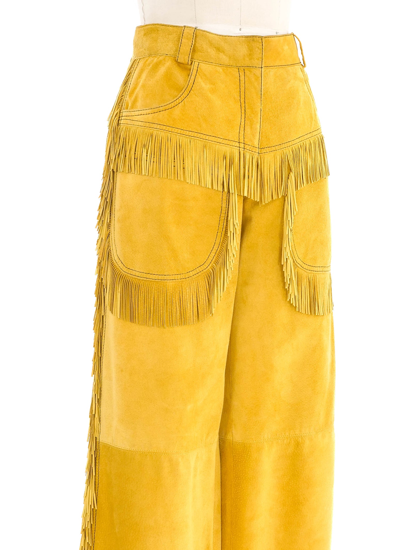 Gianni Versace Yellow Fringe Trimmed Suede Pants