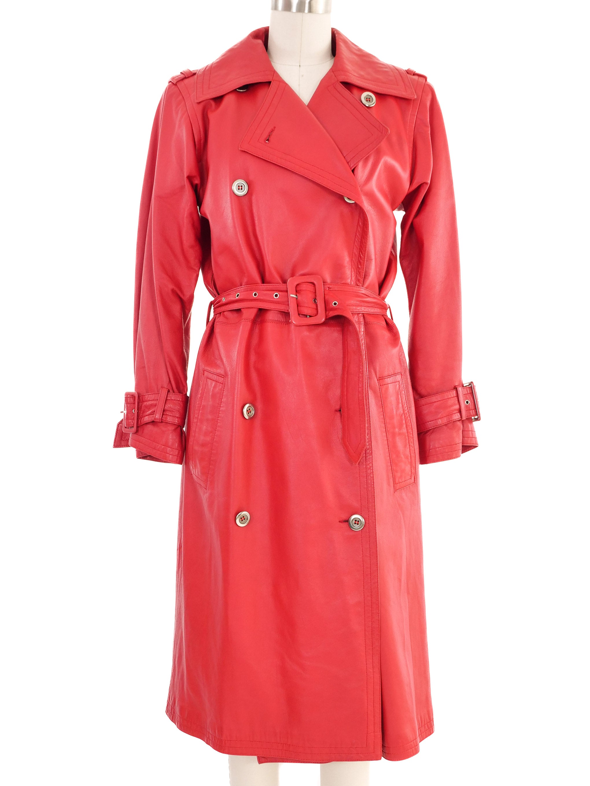 1980s Yves Saint Laurent Red Leather Belted Trench Coat